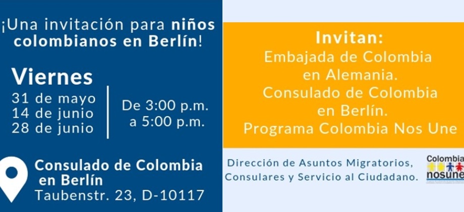 En la sede del Consulado de Colombia en Berlín se realizarán actividades para niños el 31 de mayo, 14 y 28 de junio de 2019