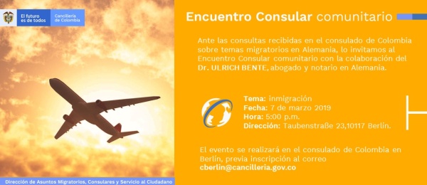 El 7 de marzo se realizará el Encuentro Consular Comunitario en la sede del Consulado de Colombia