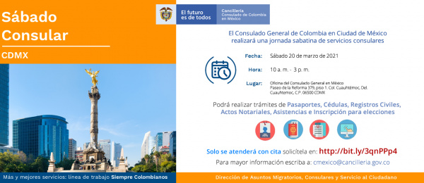 El Consulado General de Colombia en Ciudad de México realizará un Sábado Consular este 20 de marzo 